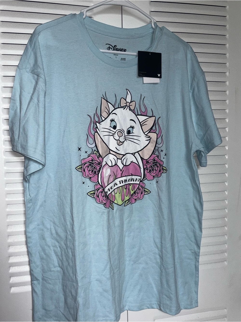 Disney Light Blue Marie Cat Tee with Pink Rose Graphic